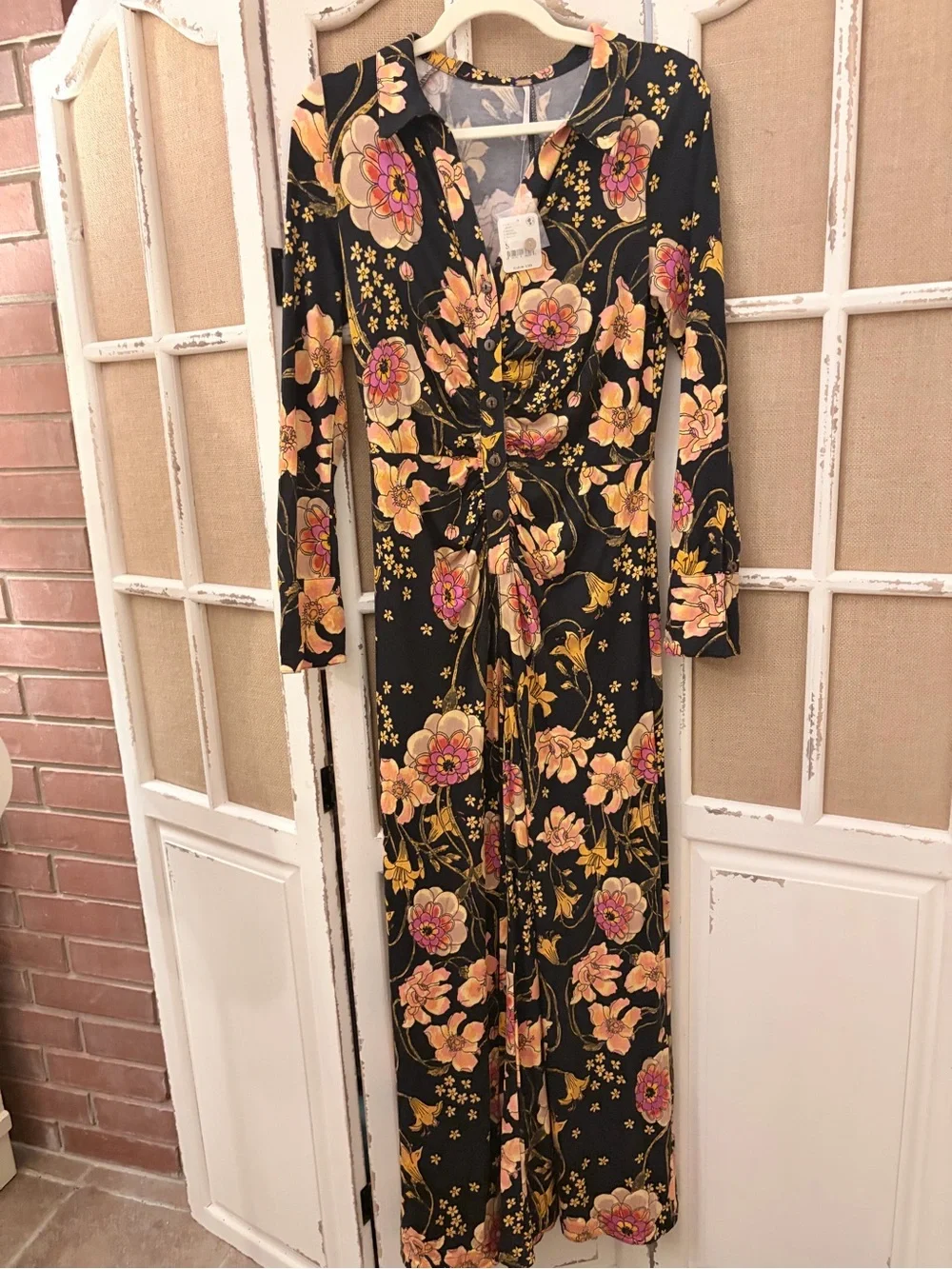 Free People Shayla Long Sleeve Wide Leg Jumpsuit Knit Jersey Midnight Small NWT
